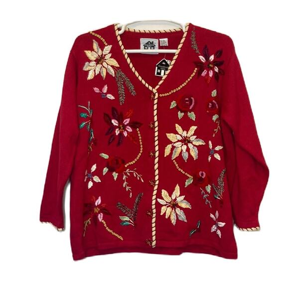 Storybook Knits Red Christmas Holiday Poinsettia Sweater Cardigan Size 2X - Picture 1 of 10